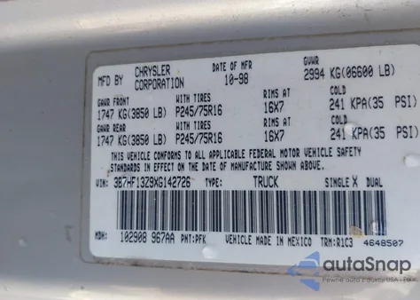 1999 Dodge Ram 1500 from USA, damaged, VIN 3B7HF13Z9XG142726